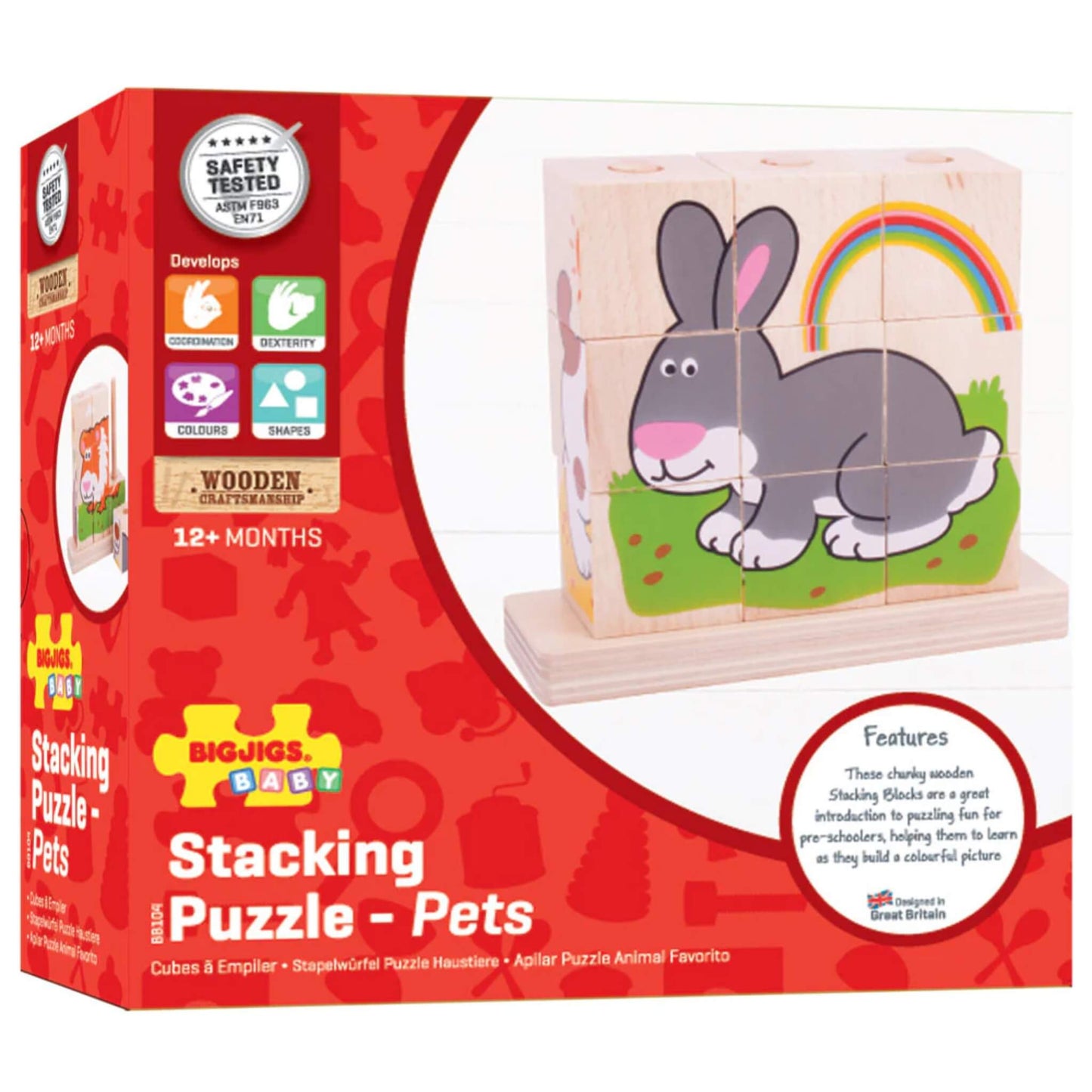 Retail packaging for Bigjigs Toys Stacking Puzzle – Pets, showing key product features, recommended age, and an image of the completed bunny puzzle.