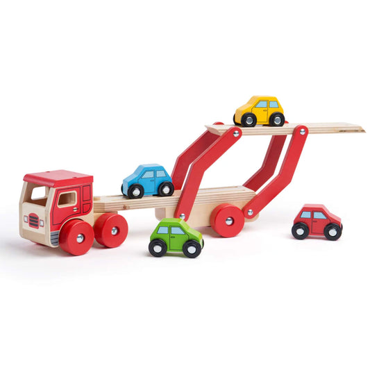 Wooden car transporter lorry with ramp raised to two levels, holding four colourful cars.
