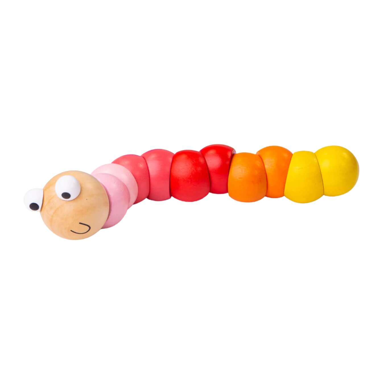Pink rainbow wiggly worm toy made from smooth wooden segments. Perfect for fine motor skill development in toddlers.
