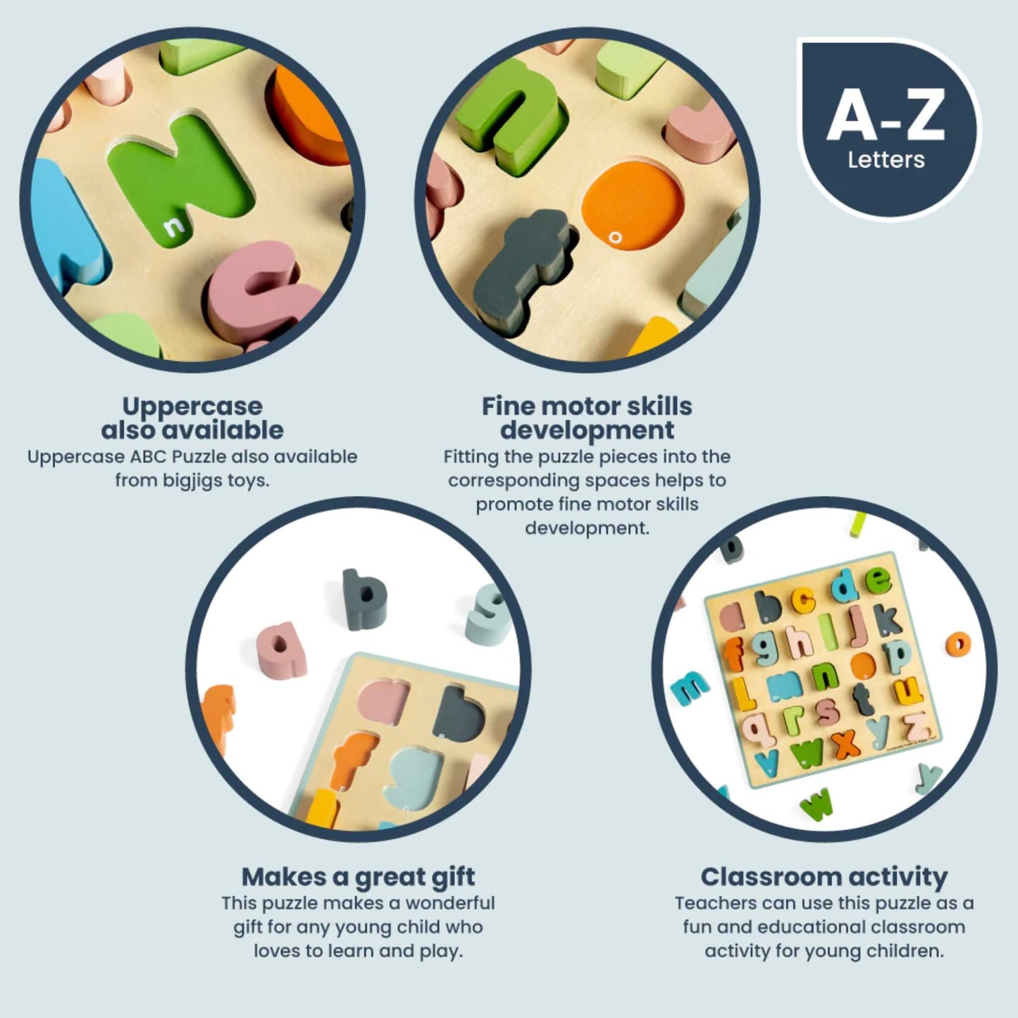 Feature highlights for the Bigjigs Wooden ABC Puzzle, including fine motor skills, lowercase options, and classroom use.