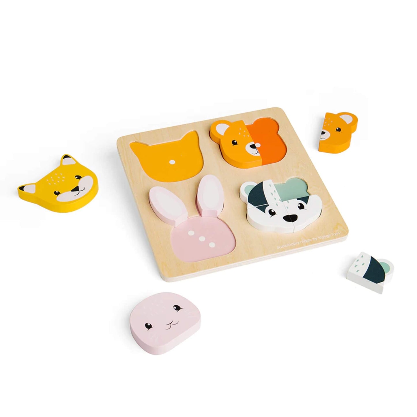 Wooden animal counting puzzle showing separated face pieces, including the fox, bear, rabbit, and badger, positioned beside the board to highlight shape and number matching.
