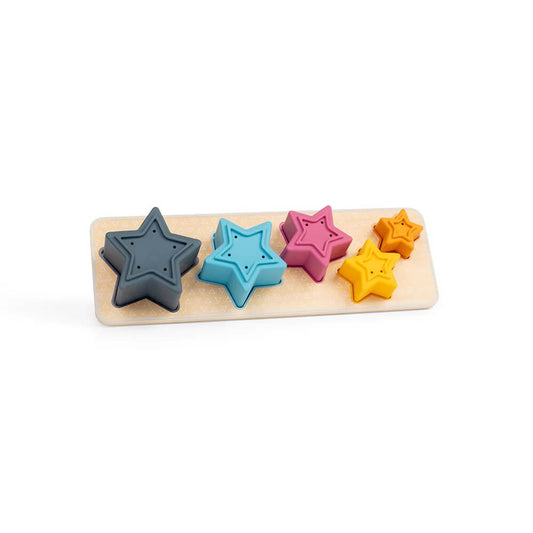 This shape sorter toy comes with five silicone stars and a wooden sorting board. Kids can learn size and colour recognition as they match the stars to the correct slots on the tray.