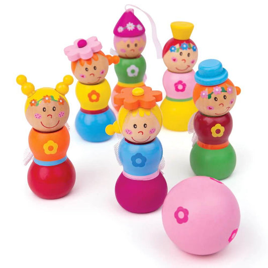 The Bigjigs Fairy Skittles set features six wooden fairy skittles and one bowling ball, made from quality wood, providing a delightful and age-appropriate game for children aged 2 years and above.