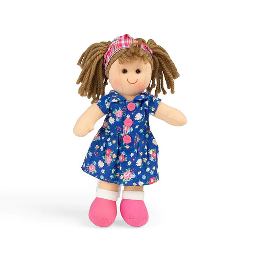  This soft and cuddly Bigjigs ragdoll cant wait to be loved and adored by her new best friend! Her adorable outfit includes a stunning blue dress patterned with flowers. 