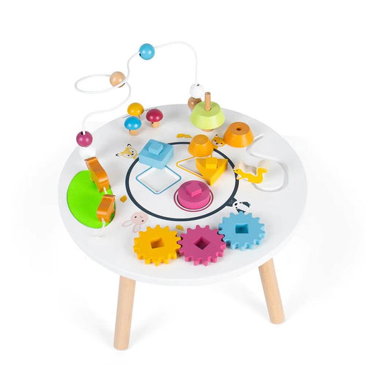 Bigjigs Activity Table. Crafted from sustainable FSC® Certified wood, it features woodland-inspired elements like a bead frame, spinning cogs, shape sorter, stacking tree, fidget mushrooms, wooden bears, and a sliding squirrel.