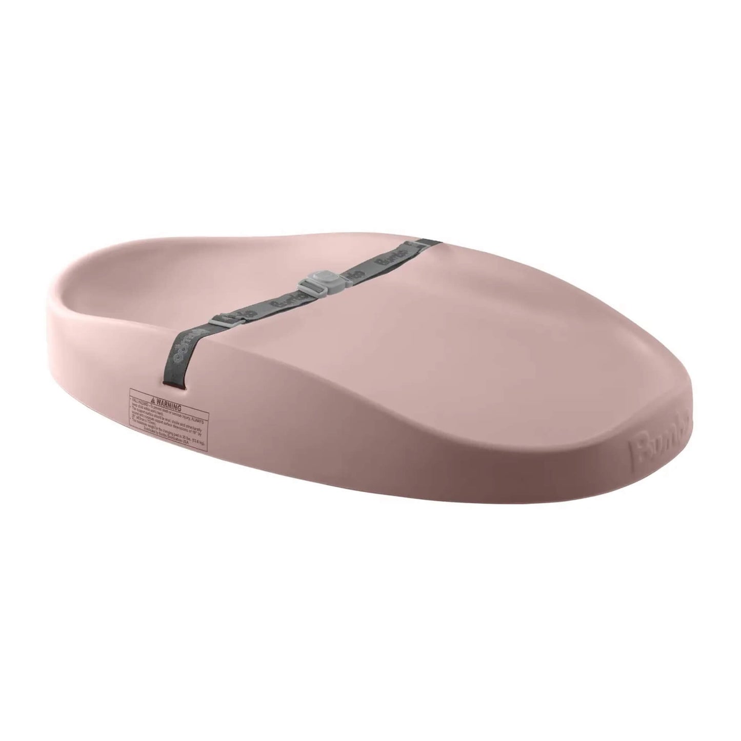 Bumbo changing pad in soft heather pink with contoured sides and adjustable safety strap on a white background.