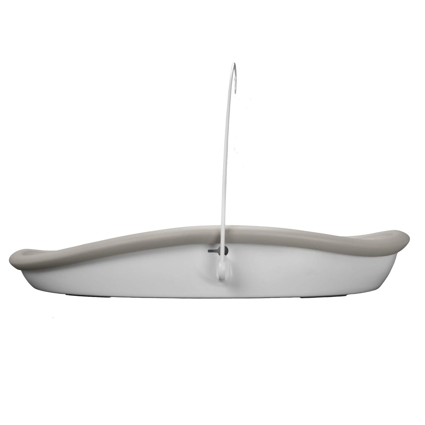 Side view of the Bumbo Max Changing Pad in Taupe with mobile hanger installed.