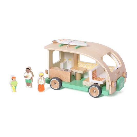 Wooden toy campervan with open door and removable roof, showing a detailed interior and three wooden character figures next to it.
