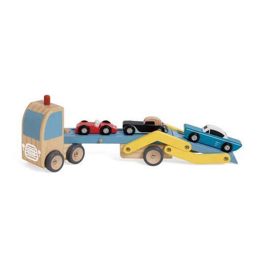 Wooden toy Transporter Truck with a movable trailer and four colourful wooden cars, designed for imaginative play and skill development.