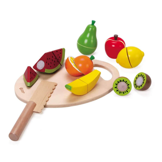 Wooden cutting fruit toy set arranged with separate fruit pieces, showing a pear, apple, lemon, orange, kiwi, watermelon, and banana, all velcro-joined and ready to be sliced with the wooden knife.