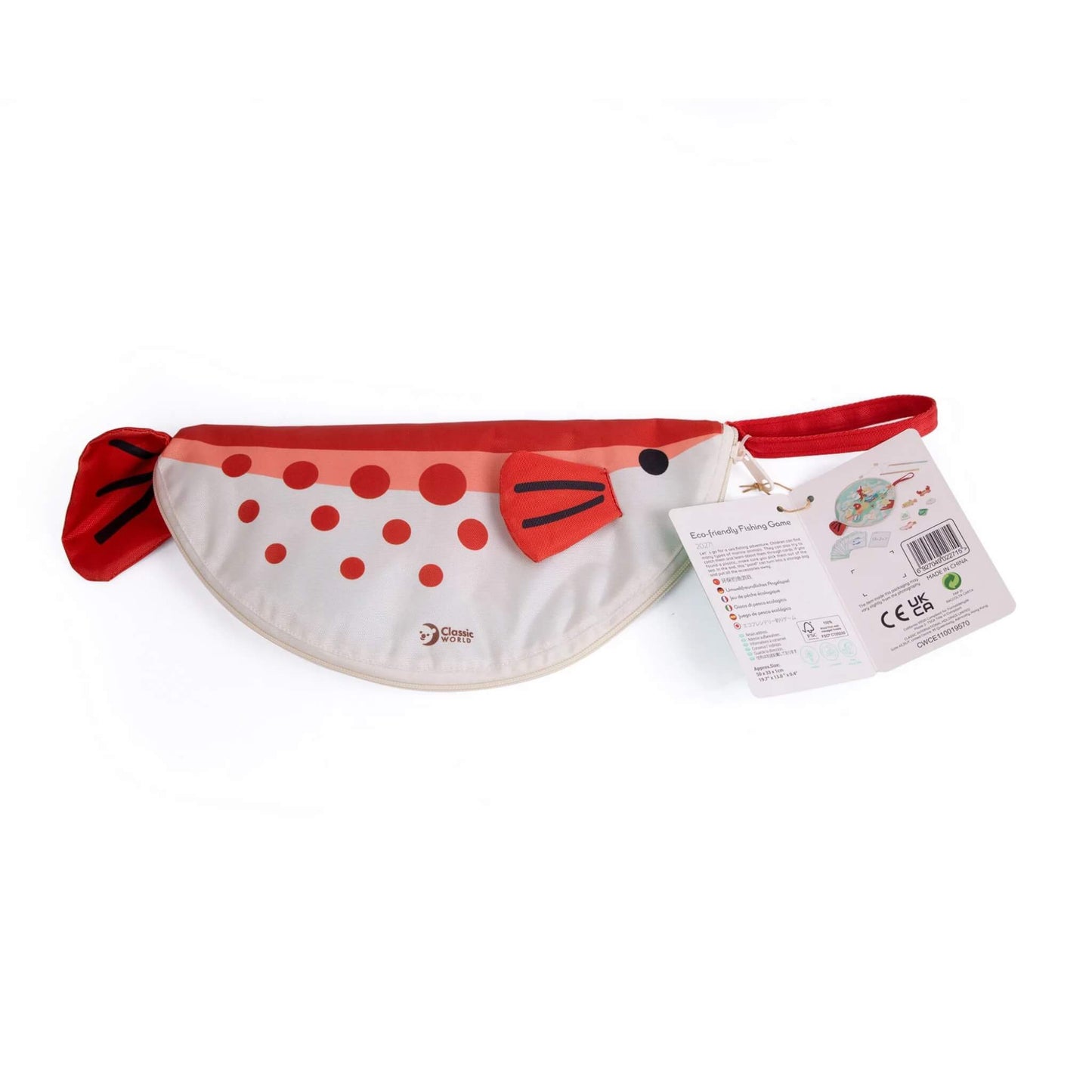 Fish-shaped red and cream zip-up pouch with polka dot details and attached product tag showing safety information and instructions.