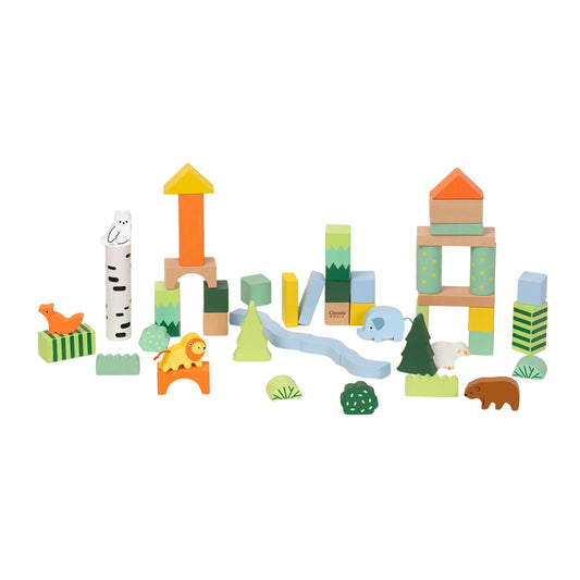 Classic World Forest Blocks arranged in tall, varied structures across a white background, featuring trees, water, animals, and textured pieces in greens, oranges, blues, and yellows.