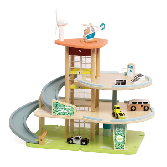 Wooden eco garage playset with ramps, cars, helicopter, wind turbine, and solar panels shown from a side angle.