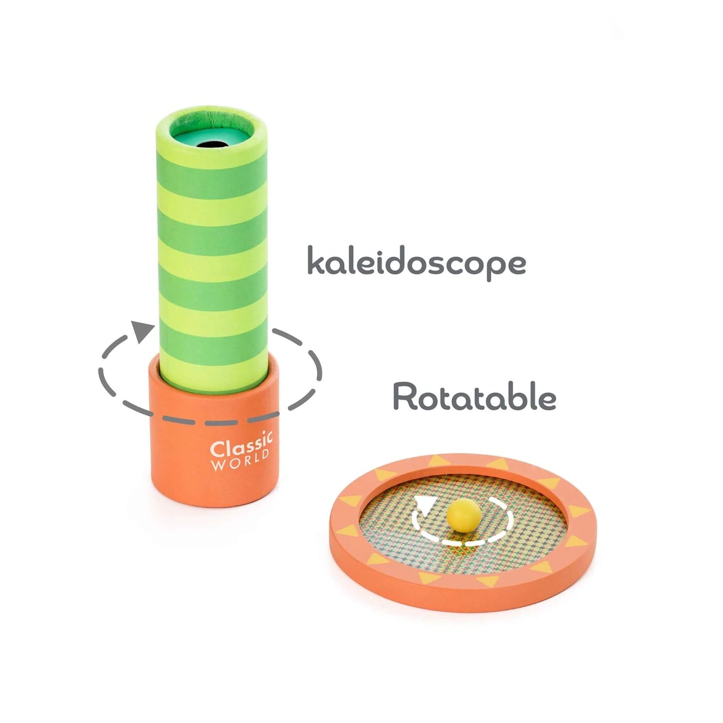 A green and orange wooden kids kaleidoscope next to a rotatable illusion disc with a yellow bead and arrow indicators showing movement directions.
