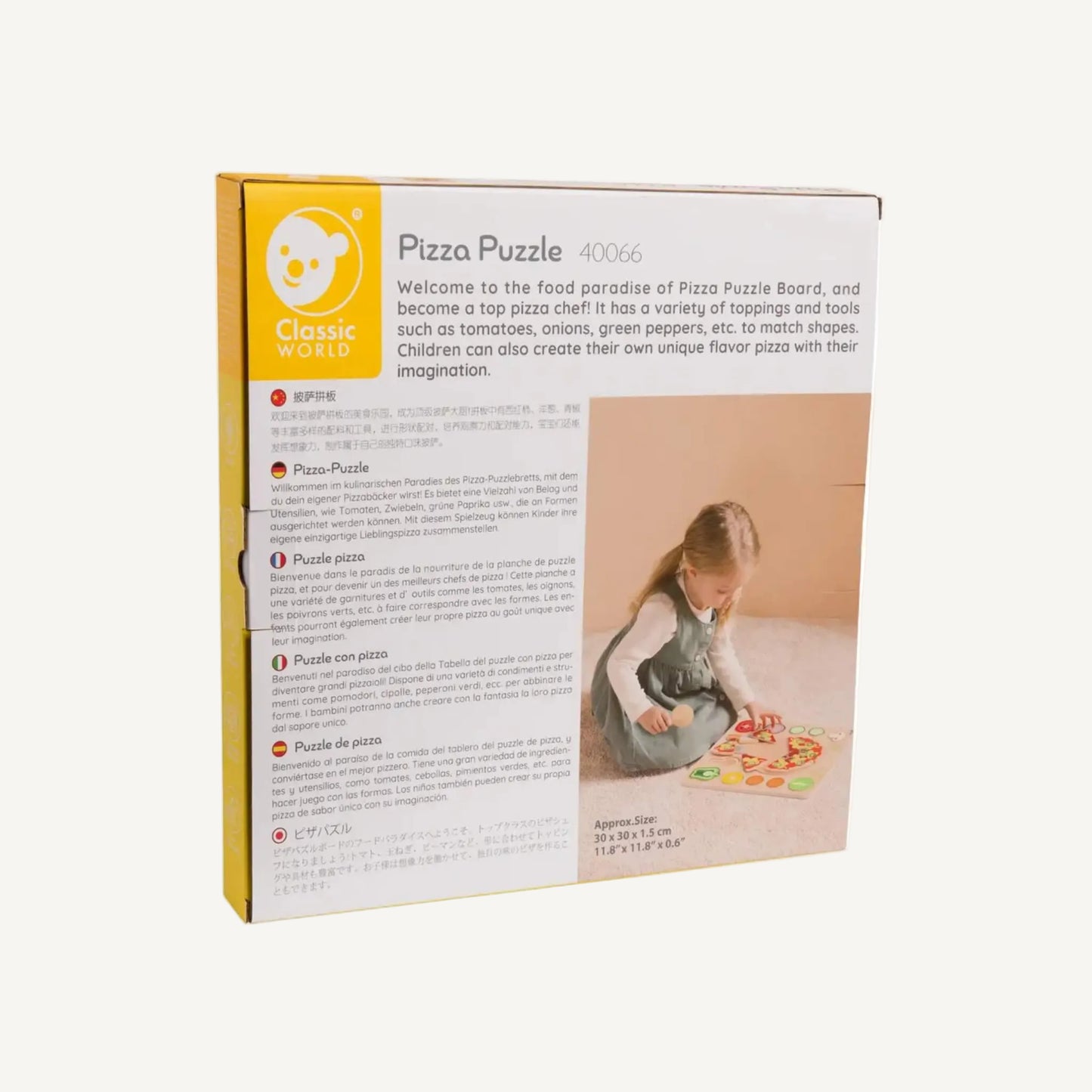 Back of product packaging displaying product information and image of child playing with pizza puzzle set.