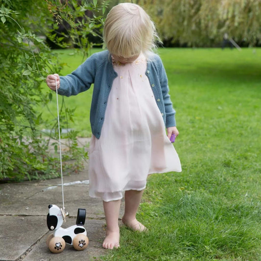 A toddler in a pale pink dress and blue cardigan walking barefoot on grass while holding the string of a wooden pull-along dog toy.