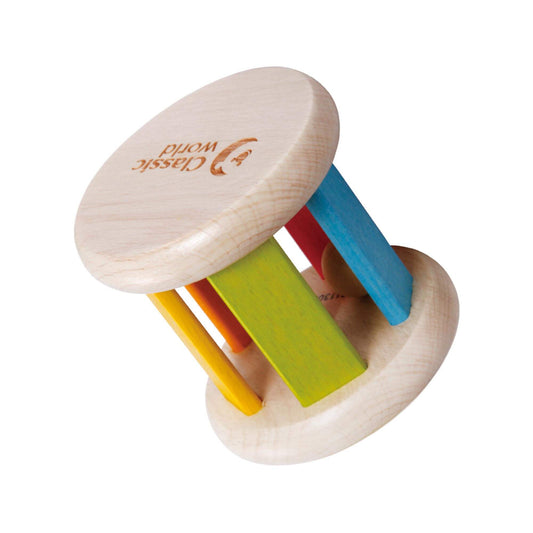 Babies roller rattle made from natural wood with colourful bars and a ball, promoting baby sensory play and hand-eye coordination.