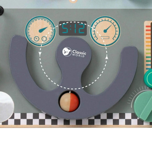 Close-up of a wooden busy board steering wheel with a small red-and-natural ball inside.