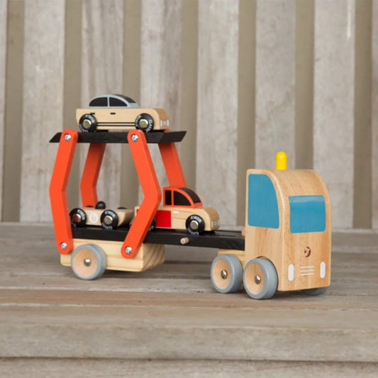 Wooden toy car transporter with adjustable ramp, holding three small toy cars on two levels.