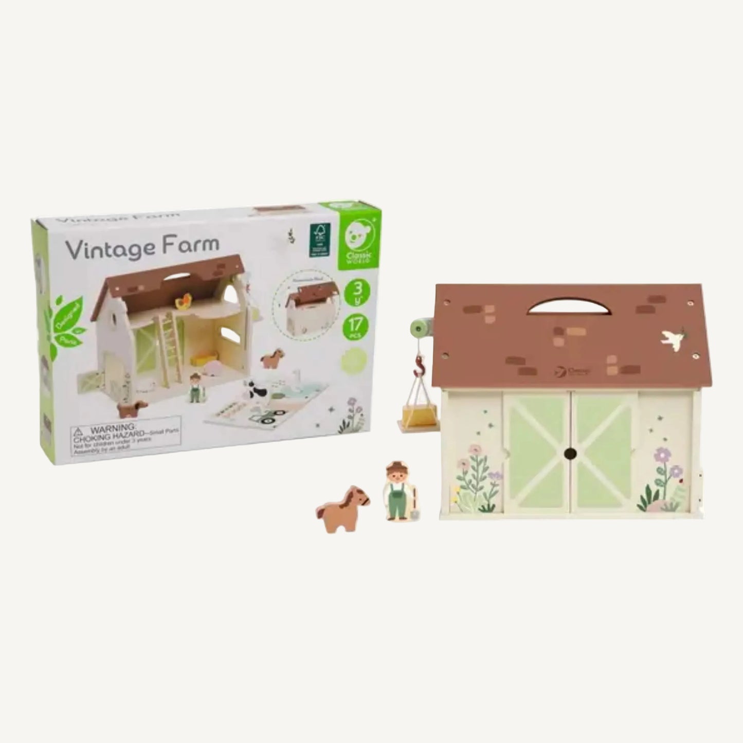 Vintage-style farm playset with wooden barn, carry handle, farmer figure and packaging box showing 17 piece set.