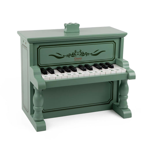 Toy wooden vintage-style piano in green with intricate decorative details. Compact design, perfect for introducing music to children.