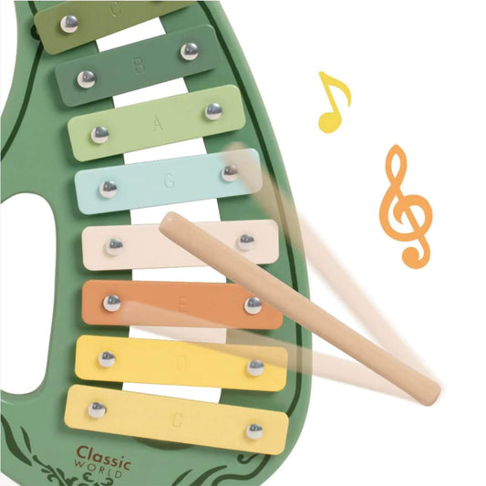A close-up of a toy wooden mallet striking colourful xylophone keys, with added music note illustrations to suggest playful, rhythmic sound.