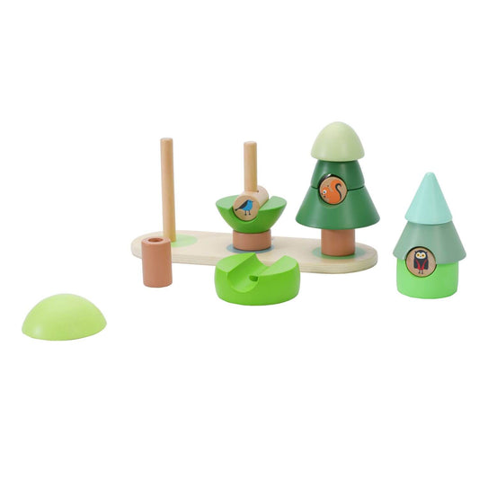 Classic World Forest Stacking Rings toy features three wooden trees with stackable pieces in soft green tones. Each tree includes a woodland animal details. Designed to be taken apart and restacked.