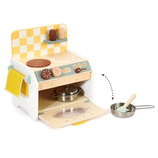 Classic World Mini Kitchen featuring a wooden oven, cooking plates, utensils, and pans, with a yellow chequered backsplash and accessories.