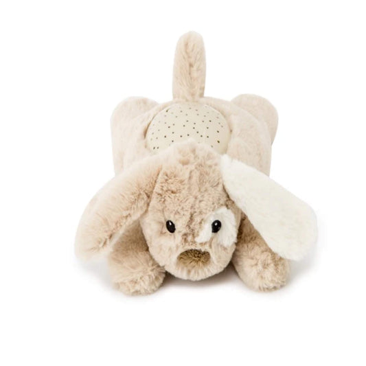 Front-facing view of a beige plush puppy toy with floppy ears and stitched eyes, featuring a round night-light projector embedded in its back.