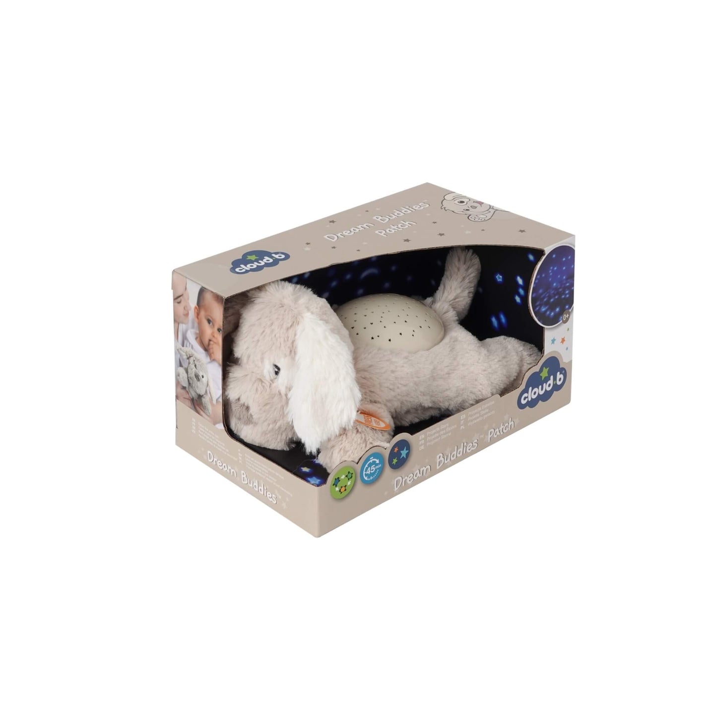 Retail packaging showing a beige plush puppy night-light toy inside a display box, with branding and icons highlighting its starry light projection and 45-minute timer.