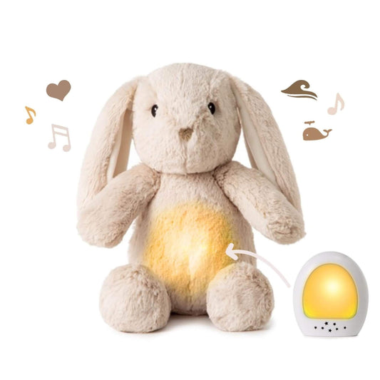 Plush bunny toy with a glowing tummy shown alongside its removable white night-light unit, surrounded by sound and heart icons.