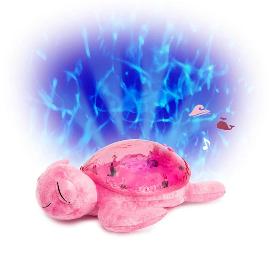 The Tranquil Turtle Pink is a calming night light that projects ocean waves onto the ceiling and plays soothing sounds.  Its soft glow and plush material make it a comforting companion for babies and young children at bedtime.
