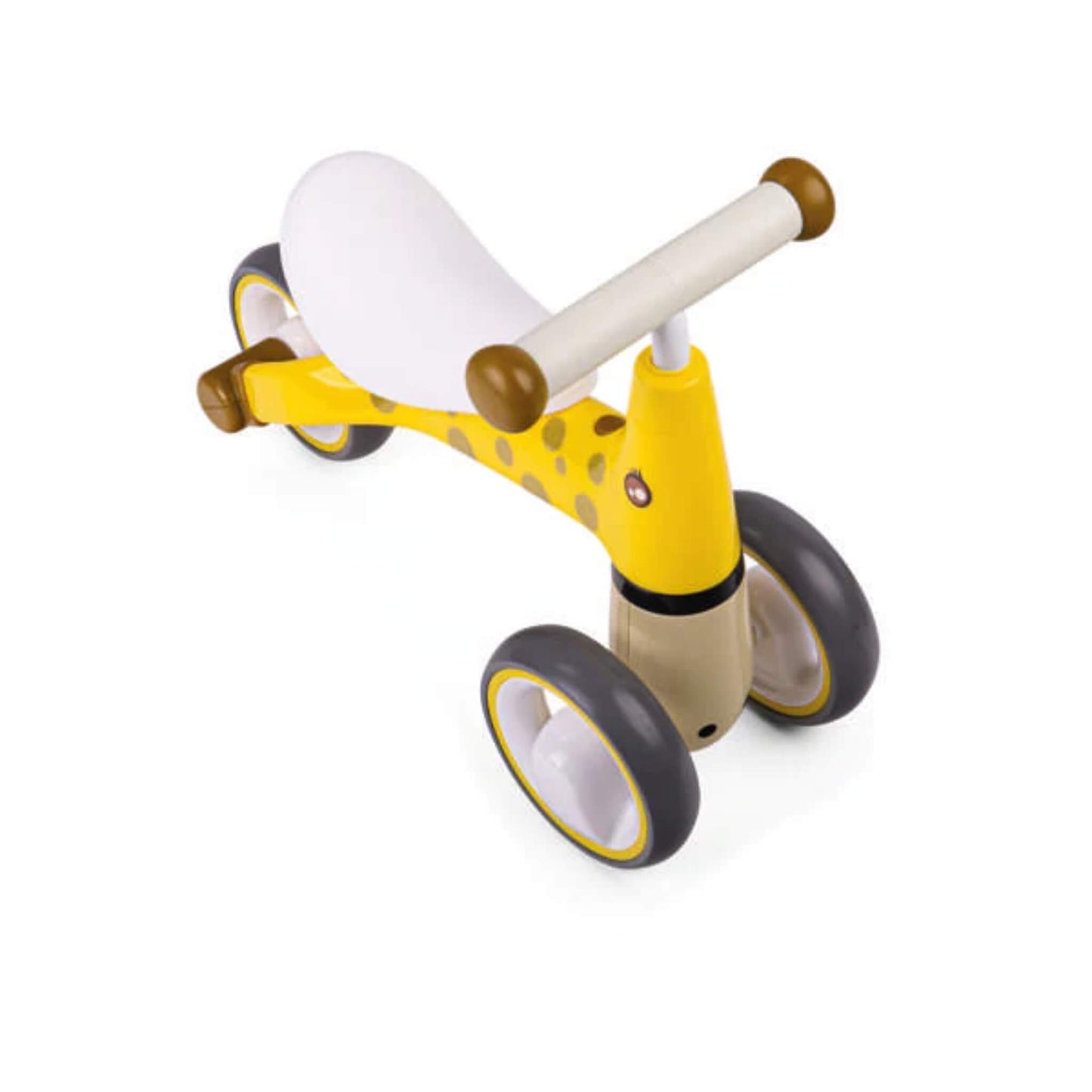 Overhead front view focusing on the handlebar grip colour, wheel layout, and giraffe pattern along the side.