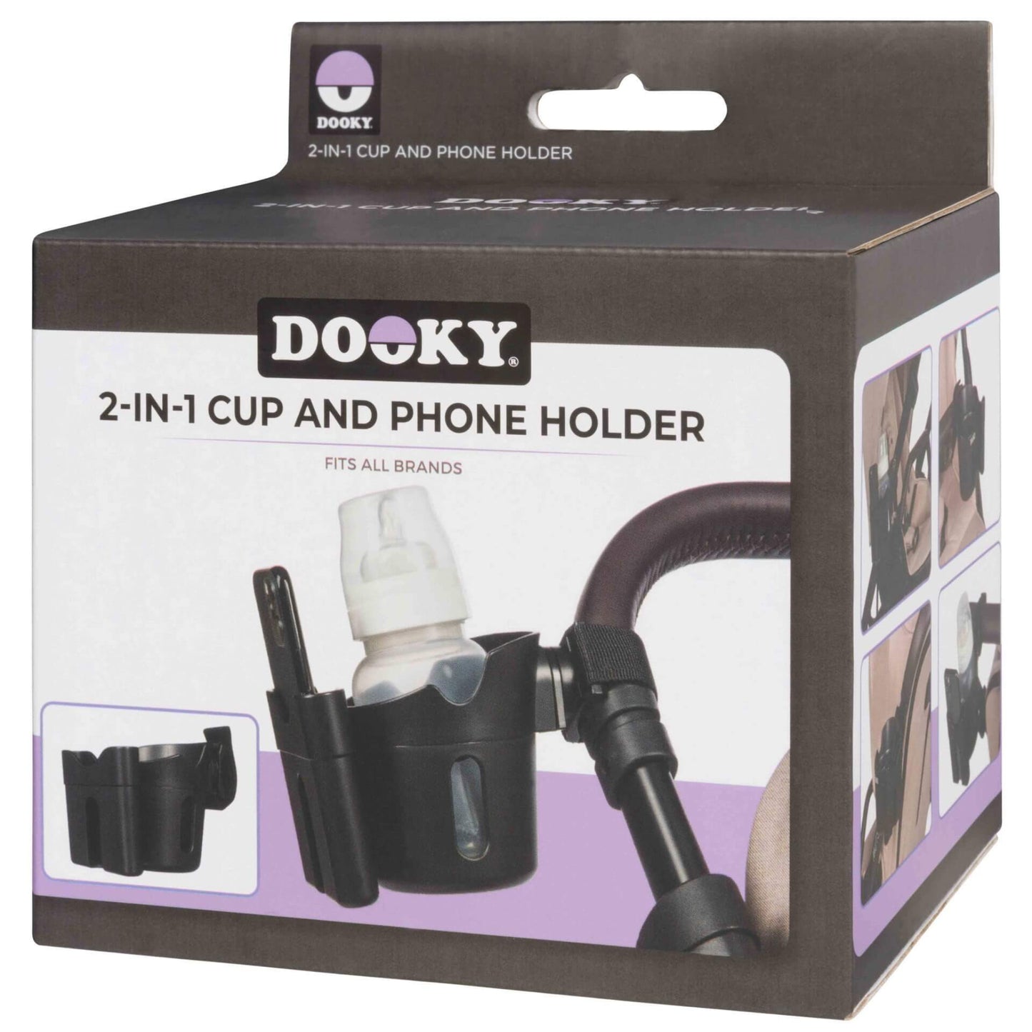 Retail packaging for a black stroller cup and phone holder, showing product image and compatibility information.