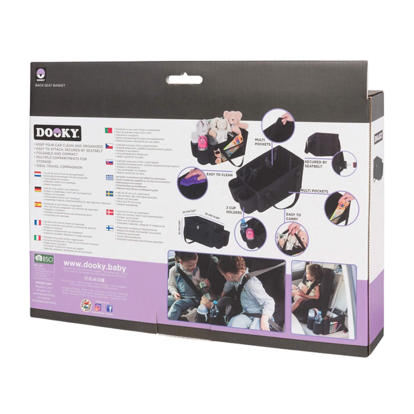 Reverse side of retail packaging for a black car seat basket, displaying product features, diagrams, and multiple usage images.