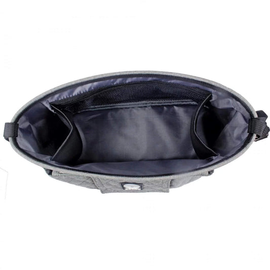 Top view of an empty grey buggy organiser showing spacious interior with side compartments and mesh pocket.
