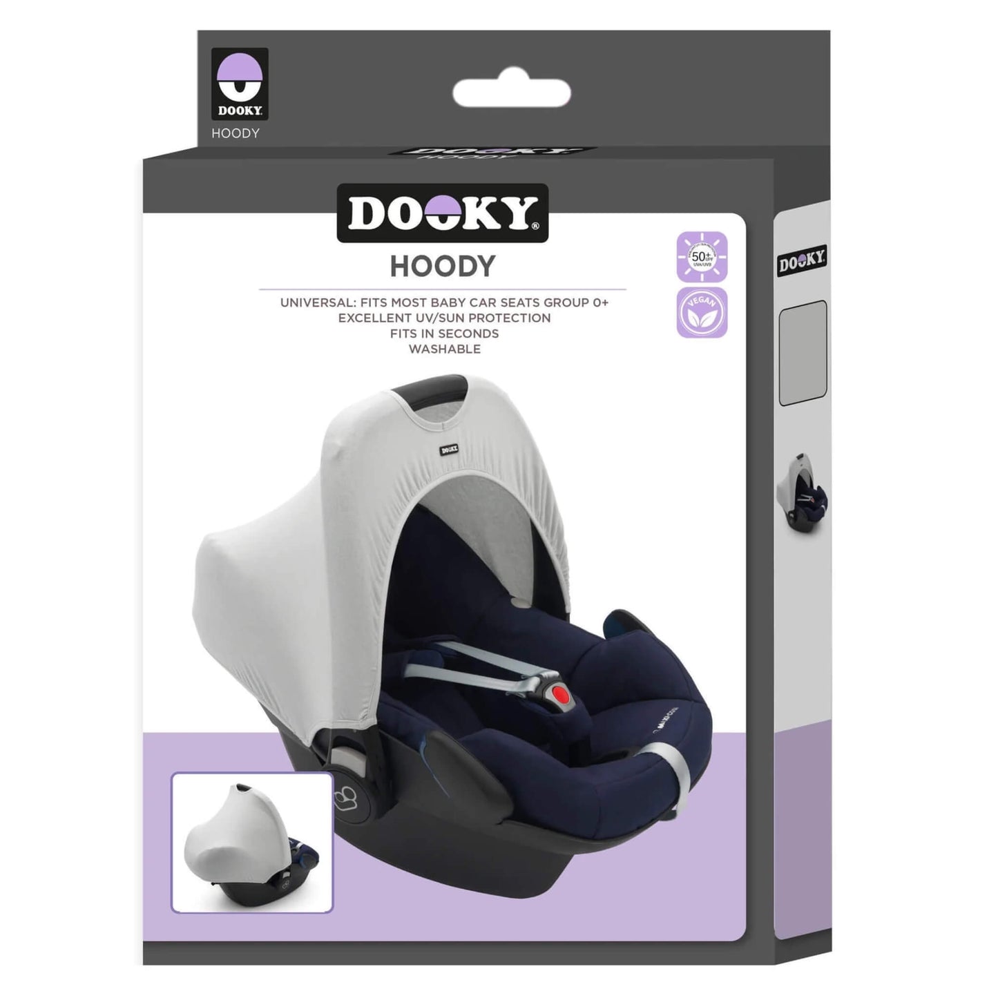 A retail box showing a grey car seat hoody displayed on an infant car seat, with product details and branding on the packaging.