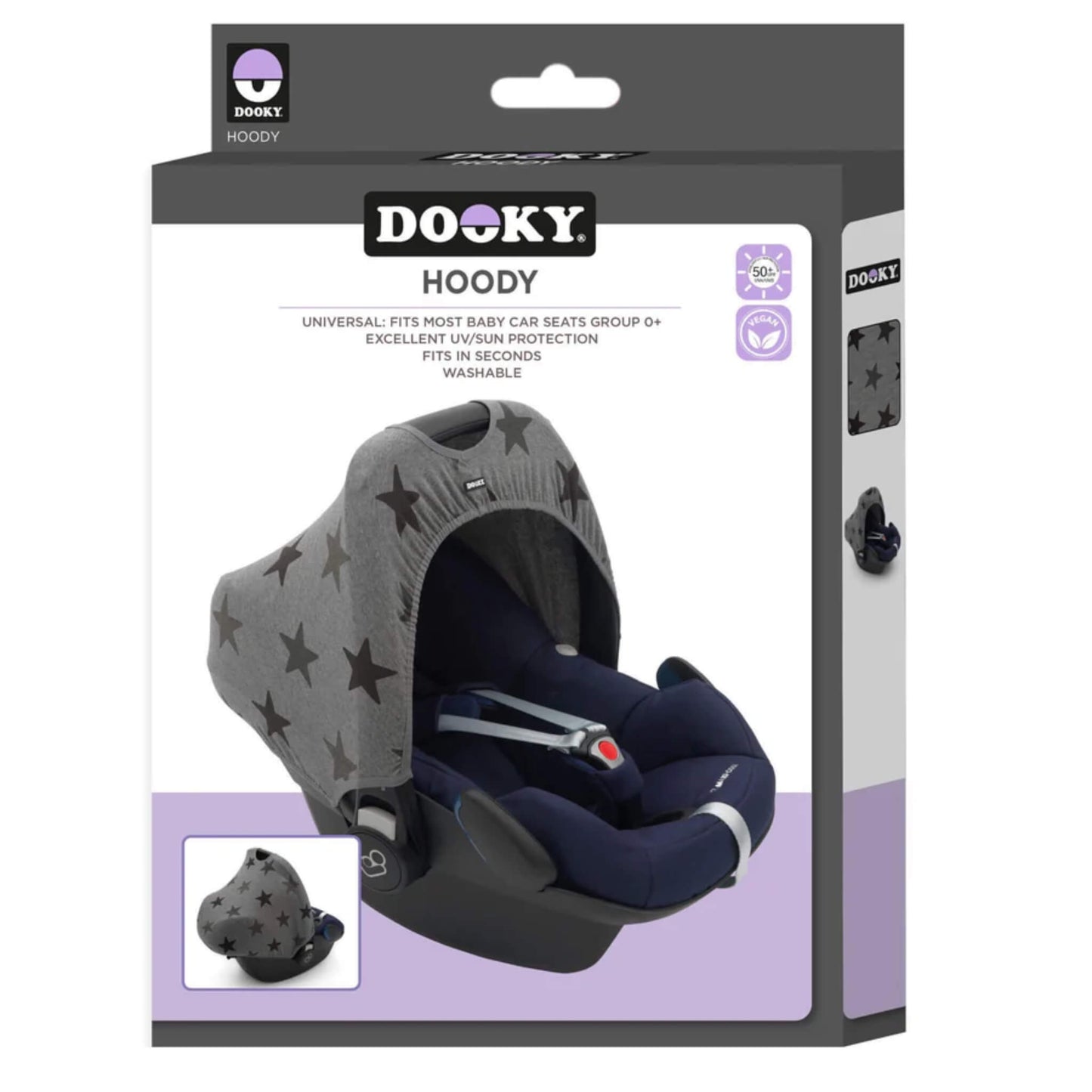 A retail box showing a grey stars print car seat hoody displayed on an infant car seat, with product details and branding on the packaging.