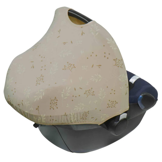 A beige patterned car seat hoody fully extended over an infant car seat, covering the seat to create a private and shaded space.