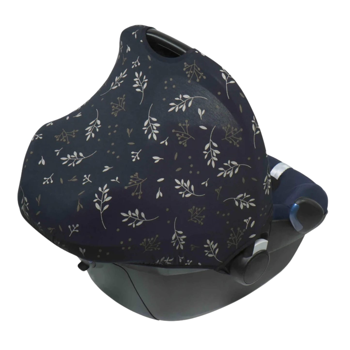 A black and beige leaf patterned car seat hoody fully extended over an infant car seat, covering the seat to create a private and shaded space.