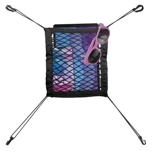 A black mesh car seat organiser holding a tablet, a smartphone, and a pair of pink sunglasses, secured between four elastic straps.