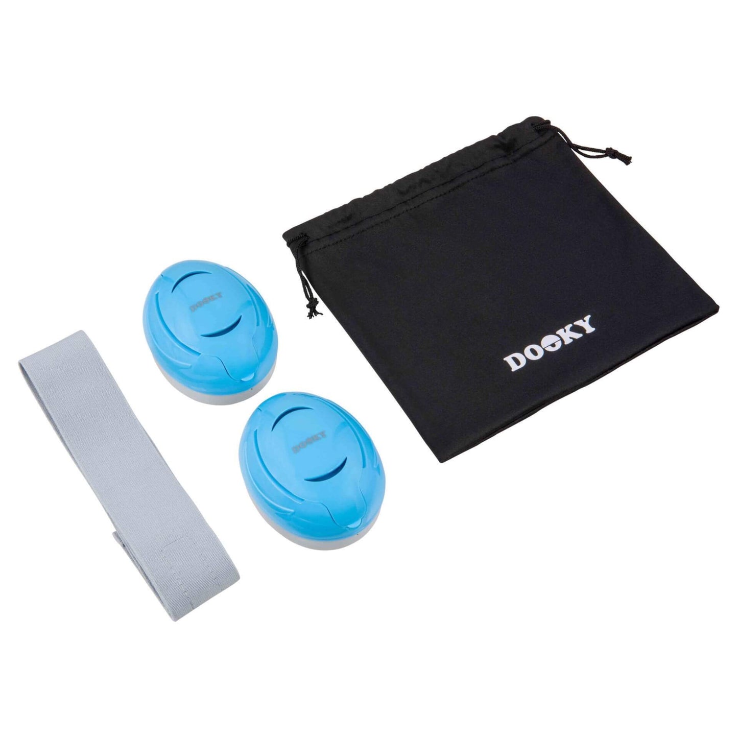 Two separate blue ear defenders, a detached grey fabric headband, and a black Dooky drawstring pouch laid out flat against a white background.