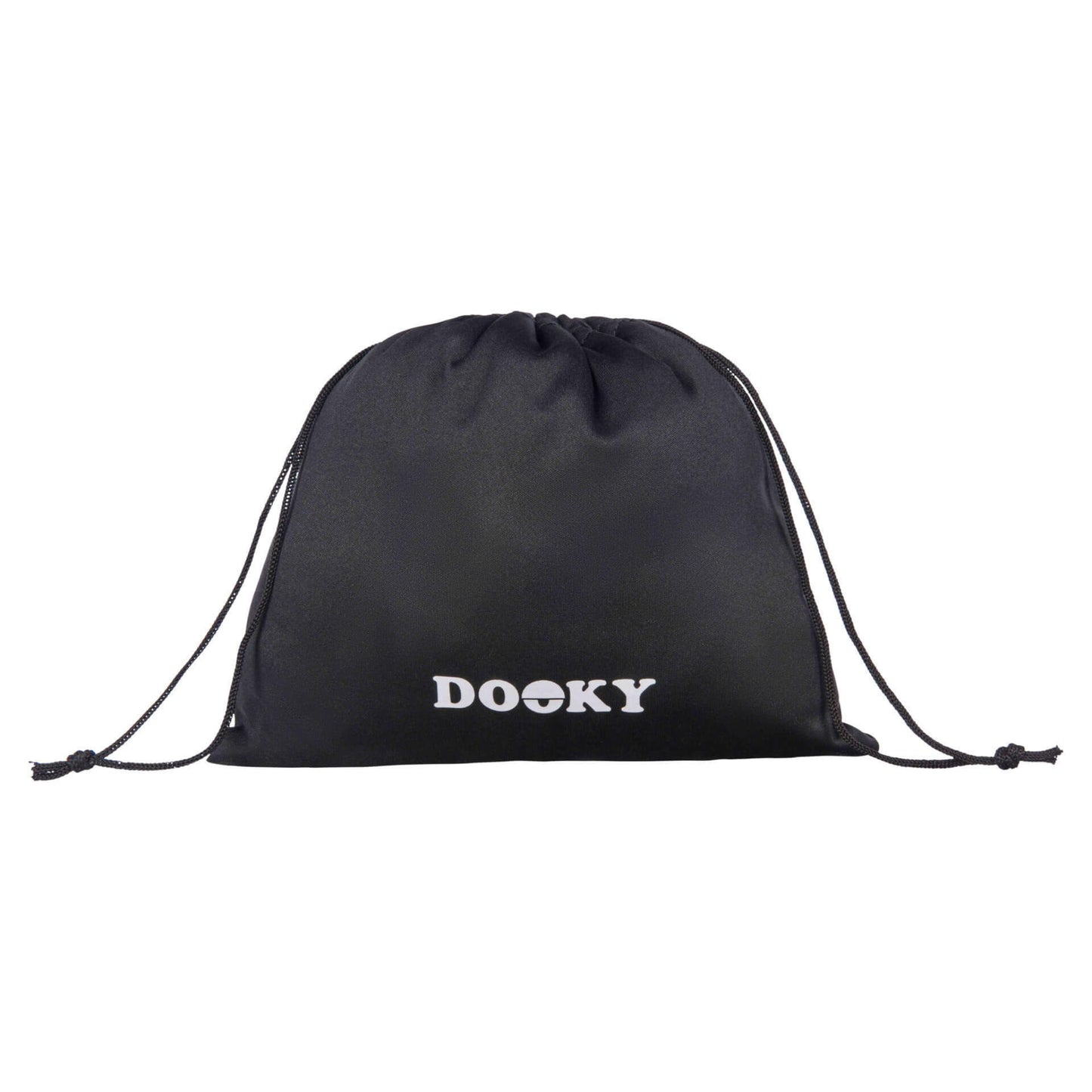 A black drawstring storage pouch lying flat with a white Dooky logo printed on the front.
