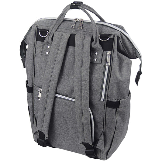 A grey backpack-style changing bag photographed from the back, showing padded shoulder straps, rear zipped pockets, and adjustable buckle straps at the base.