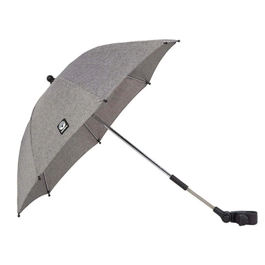A side profile of a grey stroller parasol in the open position, featuring a curved canopy and a silver pole attached to a black clamp.