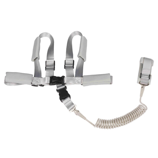 Adjustable padded child safety harness with shoulder and waist straps connected to a coiled tether and wristband.