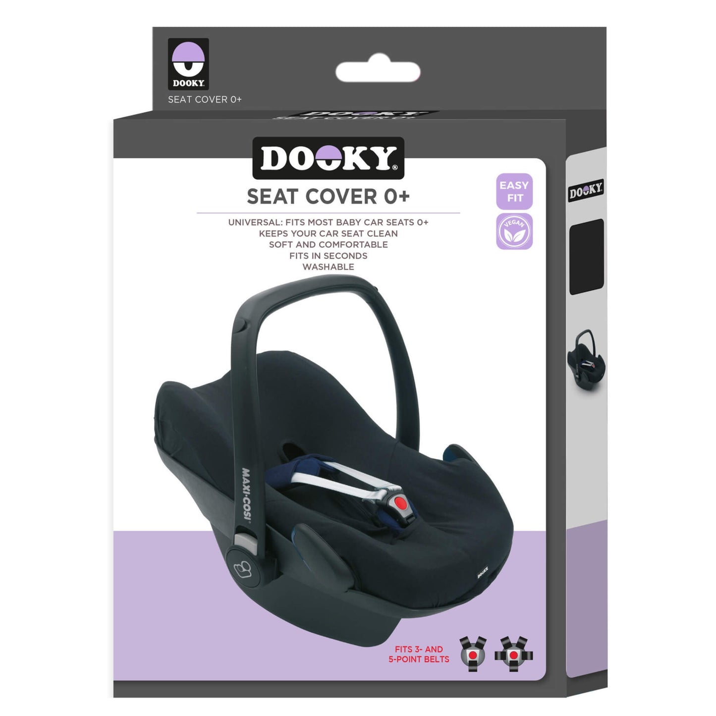 Retail packaging for a black seat cover designed for infant car seats, showing product details including universal fit, 3- and 5-point harness compatibility, easy-fit design, and washable fabric.