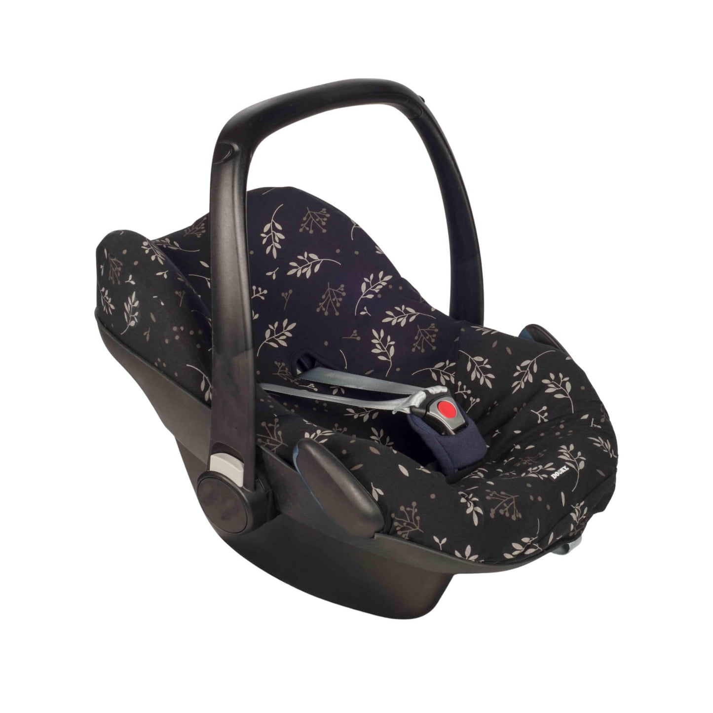 Dooky Seat Cover 0+ in Black with leaf print fitted on a Group 0+ infant car seat, showing its snug, universal fit and smooth cotton finish. Ideal for freshening up used car seats.