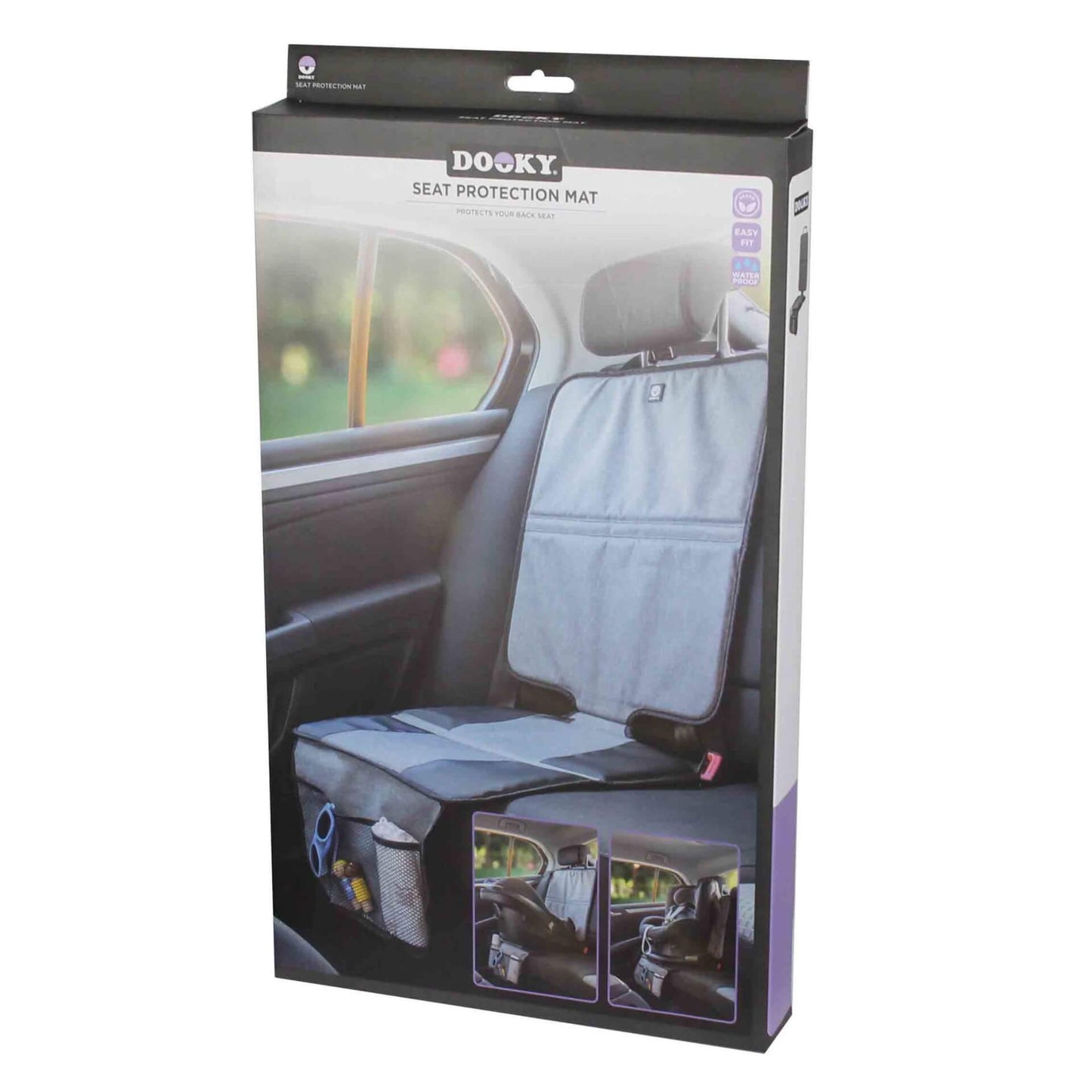Retail packaging box showing a seat protection mat fitted to a car seat, with two smaller images displaying different installation views.