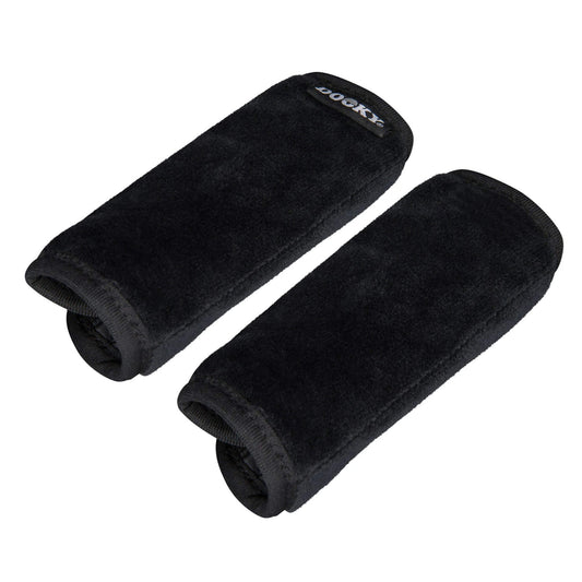 A pair of black padded seatbelt covers placed side by side against a white background.